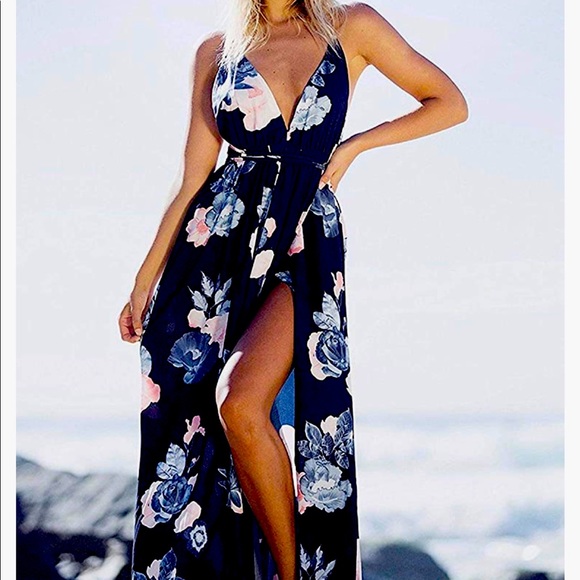 bohemian dress for party female FQFGGYD Women's Boho Maxi Flowy Beach Sundress Print Deep V Flared Sleeve Floral Long Skirt High Waist Dresses Blue at Amazon Women's Clothing store Size:36X30 You’ll feel free and Dark Brown Dresser With Sequens dress
